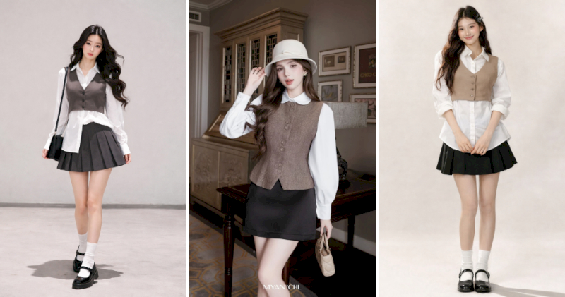 Sơ mi oversize phối gile croptop và chân váy xếp ly hiện đại